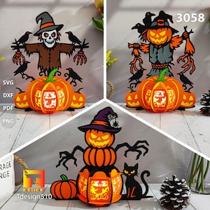 Halloween Scarecrow Lantern Paper cutting lamp Spooky Pumpkin lantern 3D shadow box Light box template Papercut lightbox SVG DIY cricut 3058