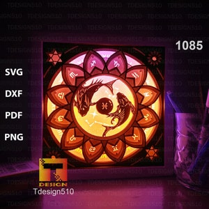 Zodiac Pisces Paper cut light box template, shadow box, 3D papercut lightbox svg file DIY, cutting cricut, 1085