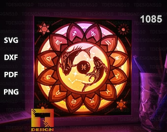 Zodiac Pisces Paper cut light box template, shadow box, 3D papercut lightbox svg file DIY, cutting cricut, 1085