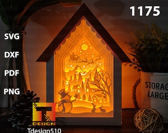 Snowman House Paper cutting lamp 3D shadow box Light box template papercut lightbox svg file DIY cricut, 1175