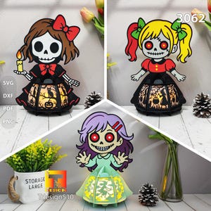 May include: Three Halloween-themed decorative lanterns. Each lantern features a cartoon character with a skeleton face and a decorative skirt. The lanterns are black and red, with a light inside. The image also includes the text "Tdesign510".