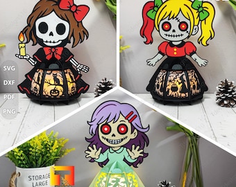 May include: Three Halloween-themed decorative lanterns. Each lantern features a cartoon character with a skeleton face and a decorative skirt. The lanterns are black and red, with a light inside. The image also includes the text "Tdesign510".