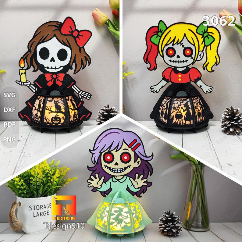 May include: Three Halloween-themed decorative lanterns. Each lantern features a cartoon character with a skeleton face and a decorative skirt. The lanterns are black and red, with a light inside. The image also includes the text "Tdesign510".