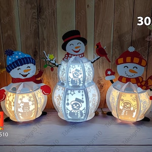 Bonhomme de neige famille lanterne lampe à découper boîte d'ombre 3D modèle de caisson lumineux Papercut lightbox fichier svg bricolage cricut Noël lanterne de Noël 3033