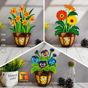 Blumentopflaterne, lila Gerbera Narzisse Stiefmütterchen, Scherenschnitt Lampe 3D Schattenbox, Papercut Lightbox SVG Muttertag DIY 3053