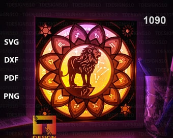 Zodiac Leo Paper cut light box template, shadow box, 3D papercut lightbox svg file DIY, cutting cricut, 1090