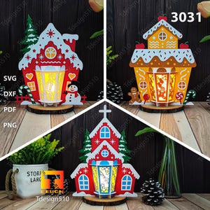 Lanterne de maison de Noël, lanterne de maison en pain d'épice d'église, lampe à découper en papier, boîte d'ombre 3D, boîte à lumière, fichier svg Papercut lightbox cricut 3031