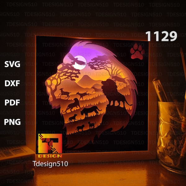 Lion Paper cut light box template, shadow box, 3D papercut lightbox svg file DIY, cutting cricut, 1129