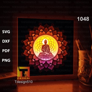 Modello di scatola luminosa con taglio carta Buddha, scatola d'ombra, file in formato svg lightbox papercut 3D fai da te, taglio cricut, 1048