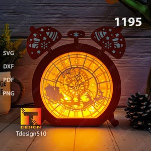Horloge de Noël, lampe à découper en papier, boîte d'ombre 3D, modèle de caisson lumineux, fichier svg papercut lightbox, bricolage cricut, Noël, père Noël, Noël 1195