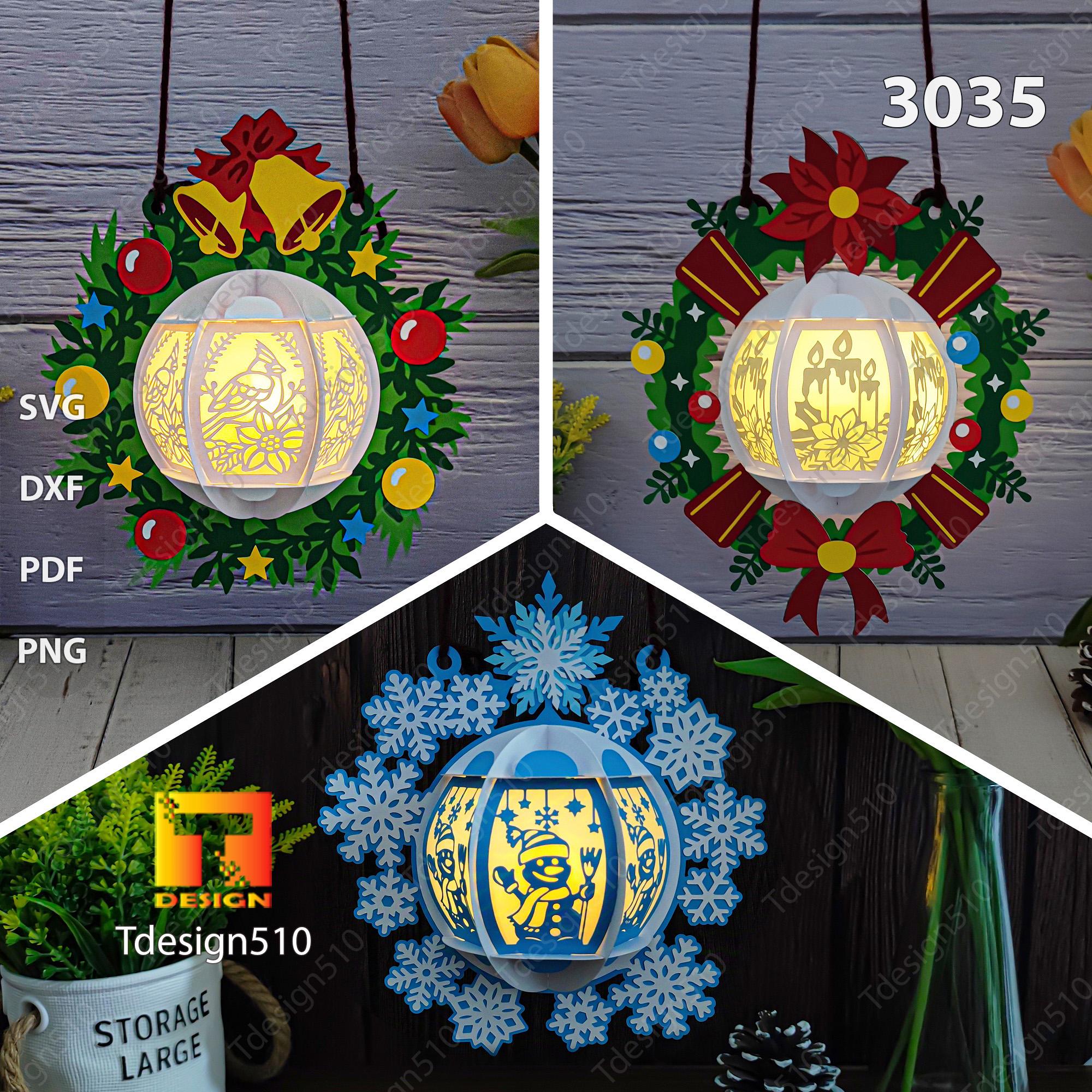 Christmas Wreath Lantern Paper cutting lamp 3D shadow box Light box Papercut lightbox svg file DIY Cardinal Candle Snowflake lantern 3035