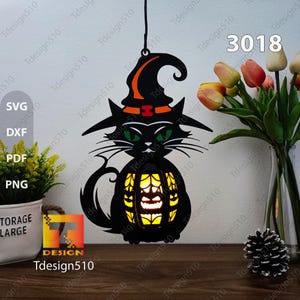 Lanterne chat d'Halloween lampe à découper boîte d'ombre 3D Papercut lightbox fichier svg cricut Chat de Noël Chat d'Halloween lanterne de chat mignon, 3018B