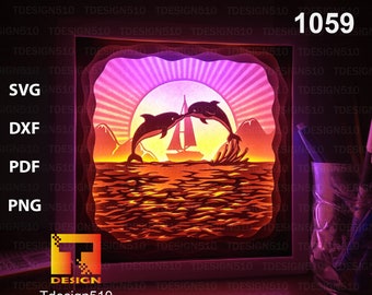Dolphin Paper cut light box template, shadow box, 3D papercut lightbox svg file DIY, cutting cricut, 1059