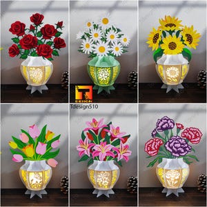 Lanterna vaso di fiori Combo, lanterna vaso di rose, margherite, girasoli, gigli, tulipani, garofani, lampada da taglio di carta, scatola delle ombre 3D, scatola luminosa di Papercut SVG CB6