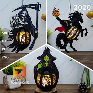 Lanterne d'Halloween, lampe à découper en papier, boîte d'ombre 3D, modèle de caisson lumineux, fichier svg Papercut, cavalier sans tête, sorcière de la mort, lanterne 3020