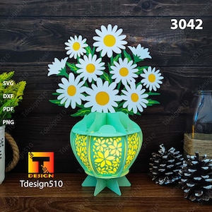 Daisy Vase lantern Paper cutting lamp 3D shadow box Papercut lightbox SVG Mothers Day DIY Flower Vase lantern 3042B