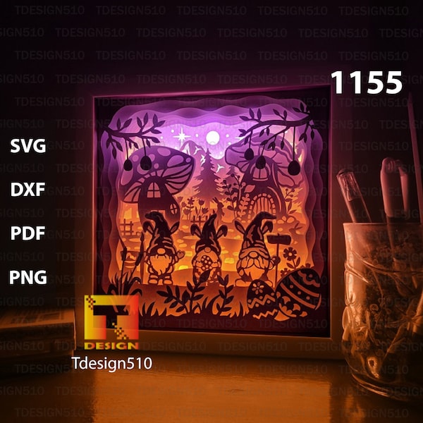 Easter Gnome Paper cut light box template, shadow box, 3D papercut lightbox svg file DIY, cutting cricut, 1155