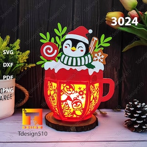 Lanterne de Noël en forme de pingouin, découpe de papier 3D shadow box Papercut lightbox fichier svg DIY cricut Lanterne de Noël, 3024B