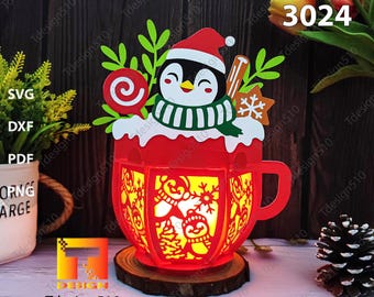 Pinguin Weihnachten Heißer Kakao Laterne Papierschnitt 3D Schattenbox Papercut lightbox svg Datei DIY Cricut Weihnachtslaterne, 3024B