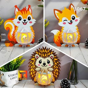 Linterna de animales, linterna de zorro, ardilla y erizo, lámpara de papel recortada, caja de sombras 3D, plantilla de caja de luz, archivo SVG para caja de luz recortada en papel para Cricut 3067