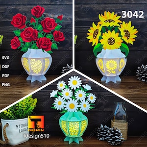 Lanterna vaso di fiori, vaso di rose, vaso di margherite, vaso di girasoli, lanterna lampada da taglio di carta, scatola delle ombre 3D, scatola luminosa di carta tagliata SVG, festa della mamma fai da te 3042
