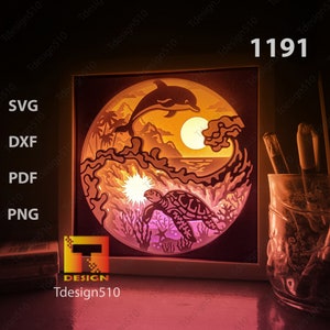 Modello di scatola luminosa con taglio carta Ocean Yin Yang, scatola delle ombre, file in formato svg papercut 3D papercut fai da te, taglio cricut, 1191