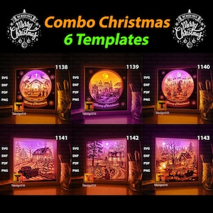 Combo Natale 6 in 1 modello di scatola luminosa in carta tagliata, scatola luminosa in carta tagliata 3D file svg taglio cricut Natale, Babbo Natale, pupazzo di neve CBC6