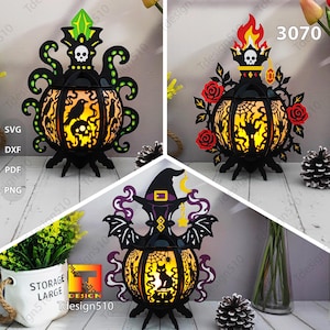 Puede incluir: Tres diseños de linternas decorativas con marcos negros recortados e interiores de color naranja brillante. Arriba a la izquierda, una calavera y tentáculos; arriba a la derecha, rosas y una llama; abajo al centro, un gato, alas y un sombrero.