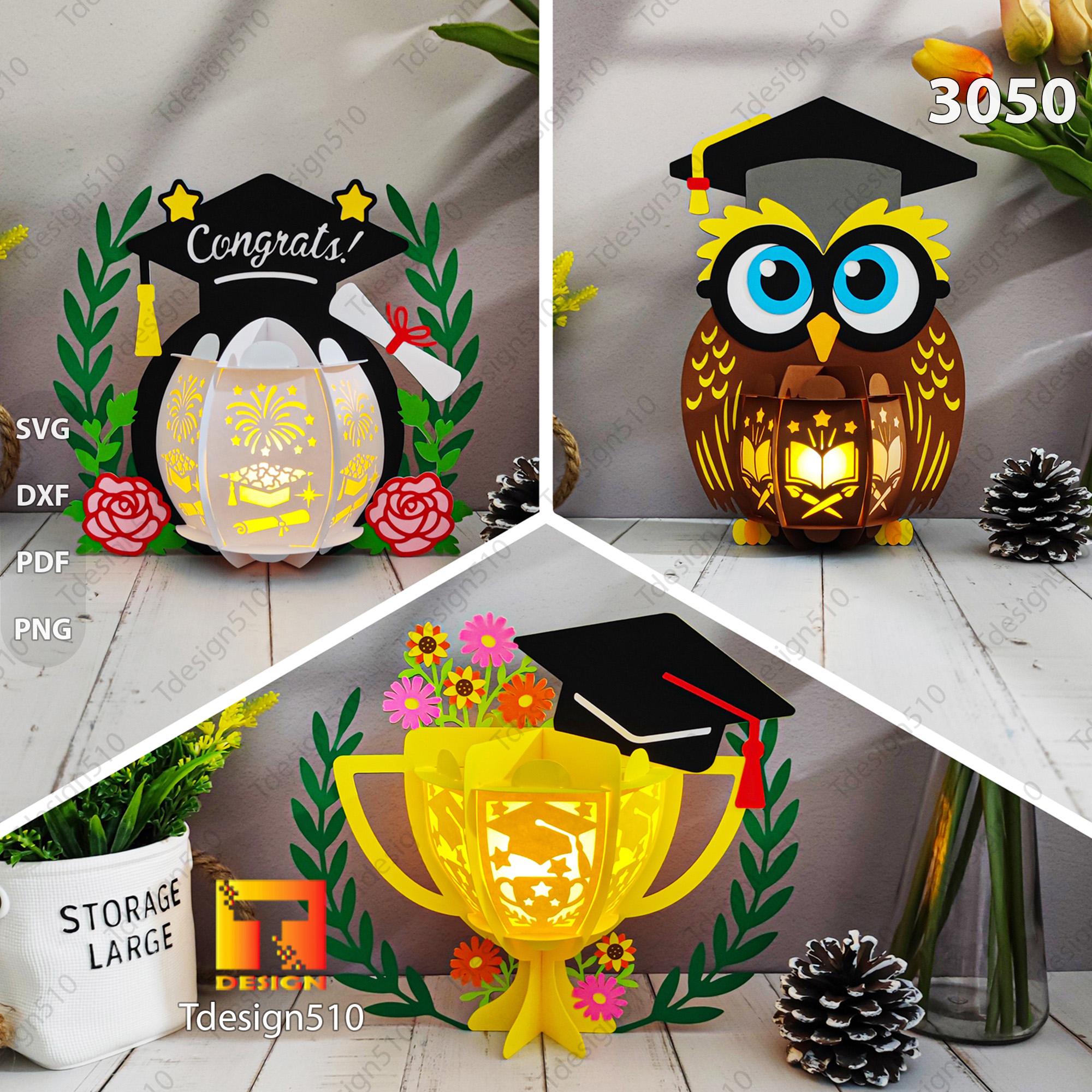 Graduation Lantern Graduation Owl Trophy lantern Paper cutting lamp 3D shadow box Light box template