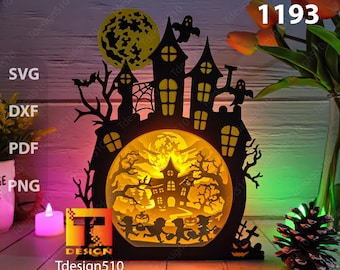 Halloween Haunted House Scherenschnitt Lampe 3D Schattenkasten Lichtkasten Vorlage papercutlichtkasten svg Datei DIY Cricut, 1193