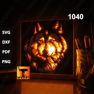 Modello per lightbox in carta ritagliata a forma di lupo, shadow box, file svg per lightbox in carta ritagliata 3D fai da te, taglio cricut, 1040