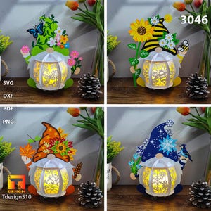 Lanterna Gnomi Quattro Stagioni, Lanterna Gnomo Primavera Estate Autunno Inverno Caduta Lampada da taglio carta 3D Scatola delle ombre 3D Scatola luminosa Papercut SVG, 3046