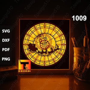 Modello di scatola luminosa in carta tagliata con orologio di Natale, scatola delle ombre, file svg di scatola luminosa in carta tagliata 3D fai da te, taglio cricut, 1009