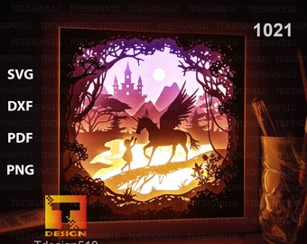 Unicorn Pegasus Paper cut light box template, shadow box, 3D papercut lightbox svg file DIY, cutting cricut, 1021