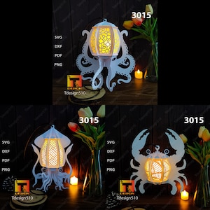 Lanterna oceanica Lampada da taglio carta Scatola d'ombra 3D Modello di scatola luminosa Papercut lightbox file in formato SVG Cricut fai da te, Lanterna di polpo calamaro granchio, 3015