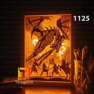 Dragon Attack Paper cut light box template, shadow box, 3D papercut lightbox svg file DIY, cutting cricut, 1125
