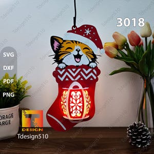 Lanterne de Noël chat, lampe à découper, boîte d'ombre 3D, fichier svg Papercut lightbox cricut Chat de Noël, chat d'Halloween, lanterne de chat mignon, 3018A