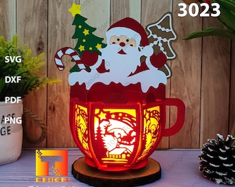 Linterna de chocolate caliente de Papá Noel para Navidad, caja de sombras 3D con corte de papel, caja de luz con corte de papel, archivo svg, linterna de Navidad cricut, 3023B