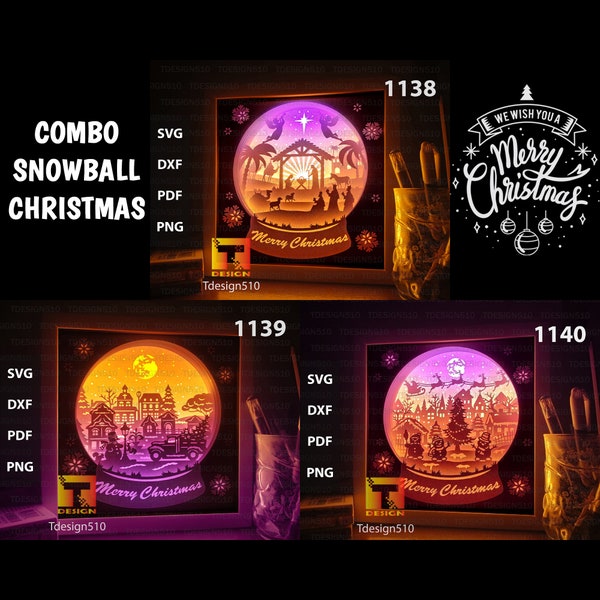 Combo Snowball Christmas Paper cut light box template, shadow box, 3D papercut lightbox svg file DIY, cutting cricut, CBSC