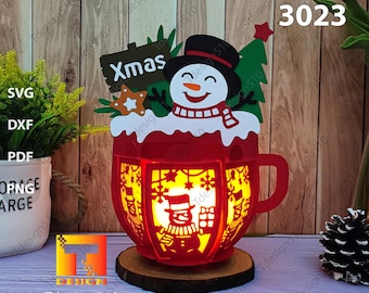 Snowman Christmas Hot Cocoa Lantern Paper cutting 3D shadow box Papercut lightbox svg file cricut Xmas lantern, 3023A
