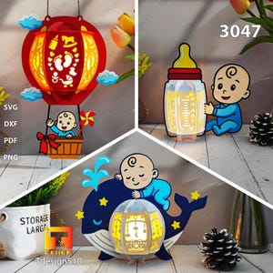 Linterna de bebé Lámpara de corte de papel Caja de sombra 3D Caja de luz Caja de luz de corte de papel SVG DIY Cricut Biberón Globo aerostático Durmiendo sobre ballena, 3047