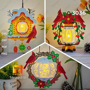 Lanterne de Noël cardinal, lampe à découper, boîte d'ombre 3D, boîte à lumière, boîte à lumière Papercut, guirlande, horloge à coucou, lanterne à lampe ouragan 3036