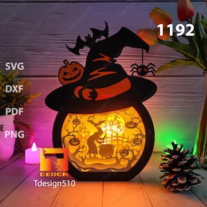 Halloween Witch Hat Paper cutting lamp 3D shadow box Light box template papercut lightbox svg file DIY cricut, 1192