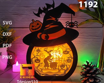 Halloween häxhatt Papperskärningslampa 3D-skugglåda Ljuslådemall pappersklipp ljuslåda svg-fil DIY Cricut, 1192