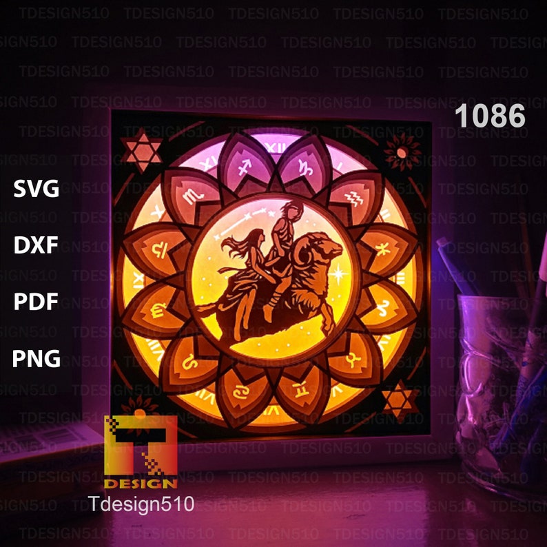 May include: A white frame with a colorful image of the zodiac sign Aries. The image is a mandala with the zodiac symbols around the outside and a depiction of the constellation Aries in the center. The frame is sitting on a purple surface.
