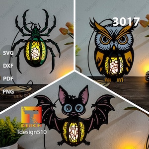 Lanterna di Halloween Lampada da taglio di carta Scatola delle ombre 3D Modello di scatola luminosa File svg di scatola luminosa ritagliata in carta Fai da te Cricut, Lanterna di gufo, pipistrello ragno, 3017