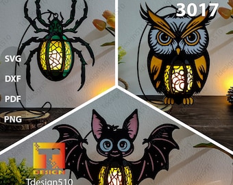 Halloween Lantern Paper cutting lamp 3D shadow box Light box template Papercut lightbox svg file DIY cricut, Spider Bat Owl lantern, 3017
