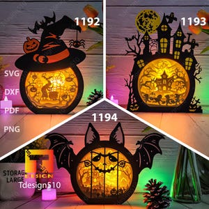 Combo Halloween 3 Lampada da taglio di carta Scatola delle ombre 3D Modello di scatola luminosa Scatola luminosa tagliata di carta File svg Fai da te Cricut, CBH3