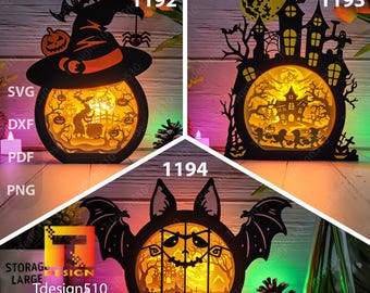 Combo Halloween 3 Scherenschnitt Lampe 3D Schattenbox Lichtbox Vorlage papercutlichtkasten svg Datei DIY Cricut, CBH3