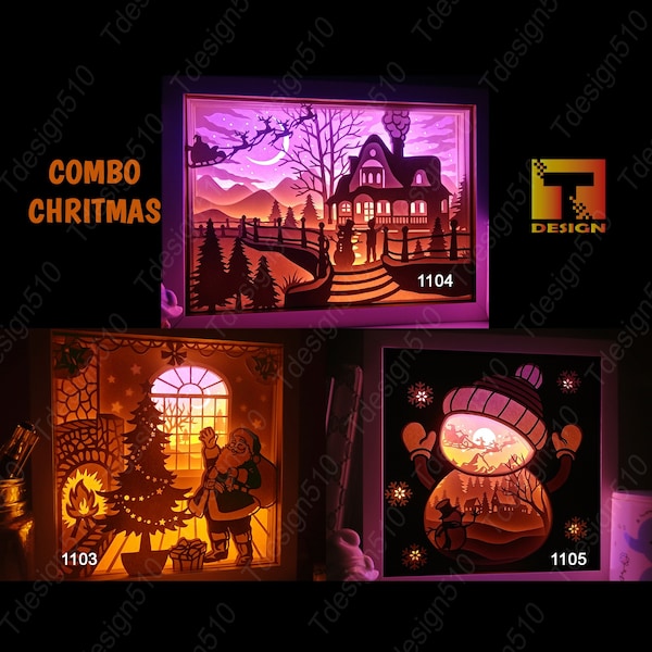 Combo Christmas 3 Paper cut light box template, shadow box, 3D papercut lightbox svg file DIY, cutting cricut, CBC3